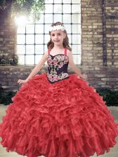 Best Red Lace Up Pageant Dress for Teens Embroidery and Ruffles Sleeveless Floor Length
