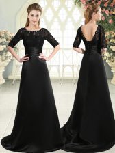 Perfect Half Sleeves Elastic Woven Satin Sweep Train Lace Up Prom Evening Gown in Black with Beading and Appliques