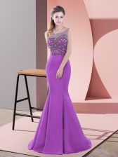Designer Beading and Lace Prom Party Dress Purple Backless Sleeveless Sweep Train