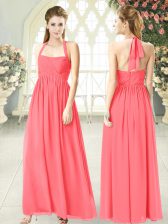 Unique Floor Length Zipper Evening Dress Watermelon Red for Prom and Party with Ruching