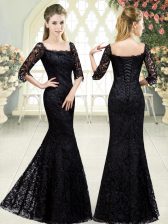 Dazzling Black Sweetheart Lace Up Beading and Lace Prom Party Dress Sweep Train Half Sleeves