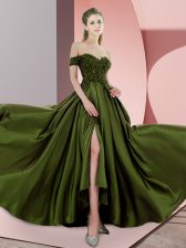  Off The Shoulder Sleeveless Sweep Train Beading Olive Green Elastic Woven Satin