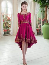  Fuchsia Lace Up Scoop Embroidery Prom Dresses Satin Long Sleeves
