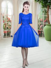  Royal Blue Scoop Neckline Lace Evening Dress Half Sleeves Lace Up