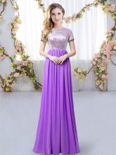 Affordable Floor Length Empire Short Sleeves Purple Dama Dress Zipper