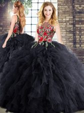  Floor Length Black Ball Gown Prom Dress Sleeveless Embroidery and Ruffles