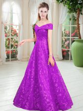 Custom Fit A-line Evening Dress Purple Off The Shoulder Lace Sleeveless Floor Length Lace Up