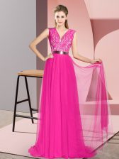 Stylish Sweep Train Empire Dress for Prom Fuchsia V-neck Tulle Sleeveless Zipper