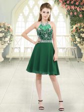Inexpensive Dark Green Halter Top Neckline Beading Prom Gown Sleeveless Zipper