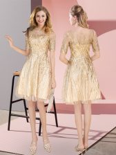 Custom Made Ruching Prom Evening Gown Gold Zipper Half Sleeves Knee Length