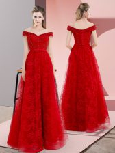  Sleeveless Organza Sweep Train Lace Up Prom Dress in Red with Beading and Lace