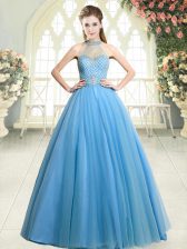 Glittering Floor Length Blue Prom Dresses Tulle Sleeveless Beading