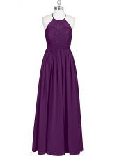 Shining Eggplant Purple A-line Halter Top Sleeveless Chiffon Floor Length Zipper Lace Dress for Prom