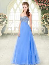  Blue A-line Beading Lace Up Tulle Sleeveless Floor Length