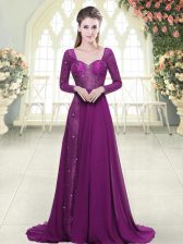 Fancy Purple Zipper Prom Gown Beading Long Sleeves Brush Train