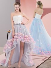  Sleeveless High Low Appliques Lace Up Prom Gown with Grey