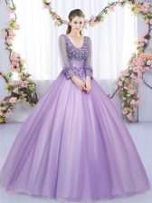  Floor Length Lavender Sweet 16 Dresses Tulle Long Sleeves Lace and Appliques