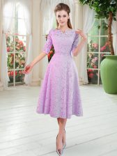 Hot Selling Half Sleeves Tea Length Beading Zipper Prom Dresses with Lilac