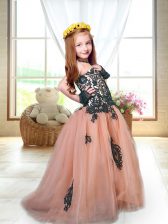 Graceful Spaghetti Straps Sleeveless Pageant Gowns For Girls Brush Train Appliques Peach Tulle