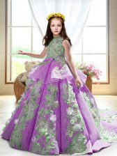  Lilac Satin Backless High-neck Sleeveless Custom Made Pageant Dress Court Train Appliques