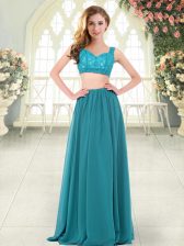  Chiffon Straps Sleeveless Zipper Beading and Lace Evening Dress in Teal 