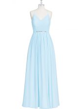 Great Light Blue Sleeveless Floor Length Ruching and Pleated Zipper Prom Gown