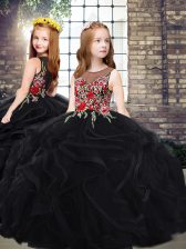  Black Ball Gowns Tulle Scoop Sleeveless Embroidery and Ruffles Zipper Pageant Dress Sweep Train