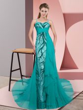 Hot Selling Teal Tulle Zipper Dress for Prom Sleeveless Sweep Train Beading and Lace
