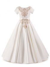  Short Sleeves Floor Length Appliques Zipper Child Pageant Dress with White