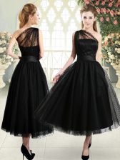 Fantastic One Shoulder Sleeveless Prom Dresses Tea Length Ruching Black Tulle