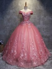 Wonderful Watermelon Red Off The Shoulder Neckline Appliques Quince Ball Gowns Sleeveless Lace Up