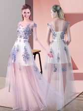  Pink Tulle Lace Up Evening Dress Cap Sleeves Floor Length Appliques