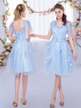 Glittering Light Blue Lace Up V-neck Appliques Dama Dress for Quinceanera Tulle Short Sleeves