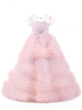  Baby Pink Custom Made Pageant Dress Wedding Party with Beading and Ruffles V-neck Short Sleeves Backless