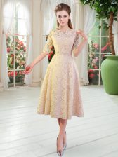 Fashion Champagne A-line Lace V-neck Half Sleeves Beading Tea Length Zipper Prom Party Dress