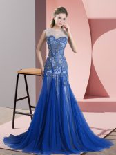 Admirable Royal Blue Prom Evening Gown Scoop Sleeveless Brush Train Backless