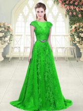 Enchanting Green Cap Sleeves Beading and Lace and Pick Ups Zipper Dress for Prom