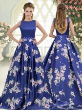 Most Popular Scoop Sleeveless Brush Train Backless Prom Dresses Royal Blue Printed