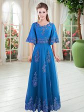 Fine A-line Prom Dress Blue Scoop Tulle Half Sleeves Floor Length Lace Up