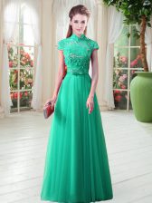  Floor Length Green Prom Dress Cap Sleeves Appliques