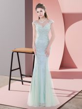  Cap Sleeves Floor Length Beading Zipper Prom Party Dress with Blue