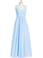 Decent Blue Halter Top Neckline Ruching Prom Dresses Sleeveless Zipper
