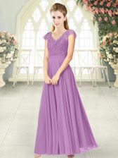  Lace Lilac Zipper Cap Sleeves Ankle Length