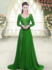 Unique Sweep Train A-line Prom Evening Gown Green Sweetheart Chiffon Long Sleeves Backless