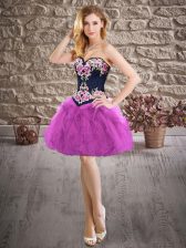 Unique Purple A-line Embroidery Prom Party Dress Lace Up Organza Sleeveless Mini Length