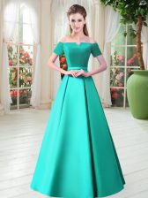 Fantastic Floor Length Turquoise Prom Dress Off The Shoulder Short Sleeves Lace Up