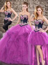 Fancy Sweetheart Sleeveless Lace Up Quince Ball Gowns Purple Tulle