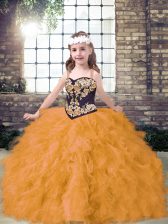 Elegant Sleeveless Floor Length Embroidery and Ruffles Lace Up Pageant Dress for Girls with Gold