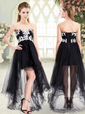  Black Lace Up Evening Dress Appliques Sleeveless High Low