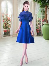  Royal Blue High-neck Neckline Ruffled Layers Prom Dress Cap Sleeves Lace Up